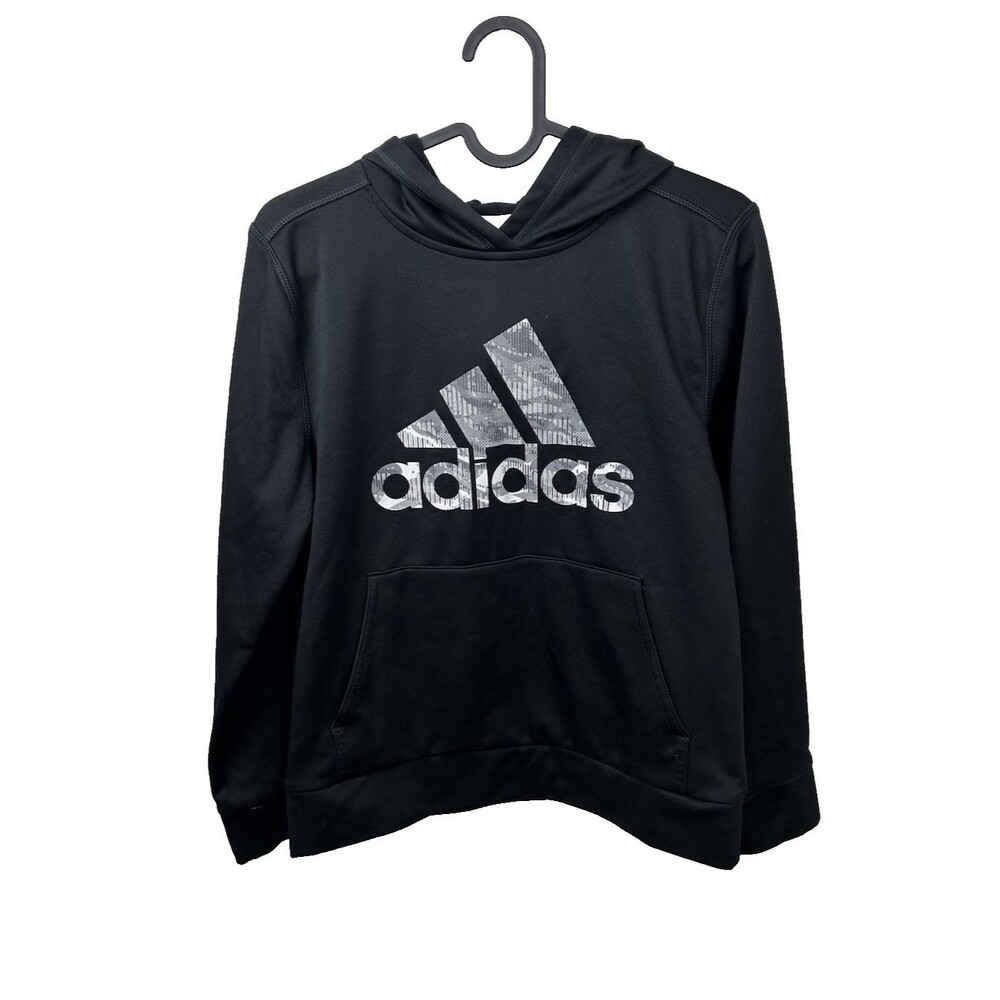 Adidas Boys Size Medium 10/12 Three Stripes Logo Black Pullover Active Hoodie